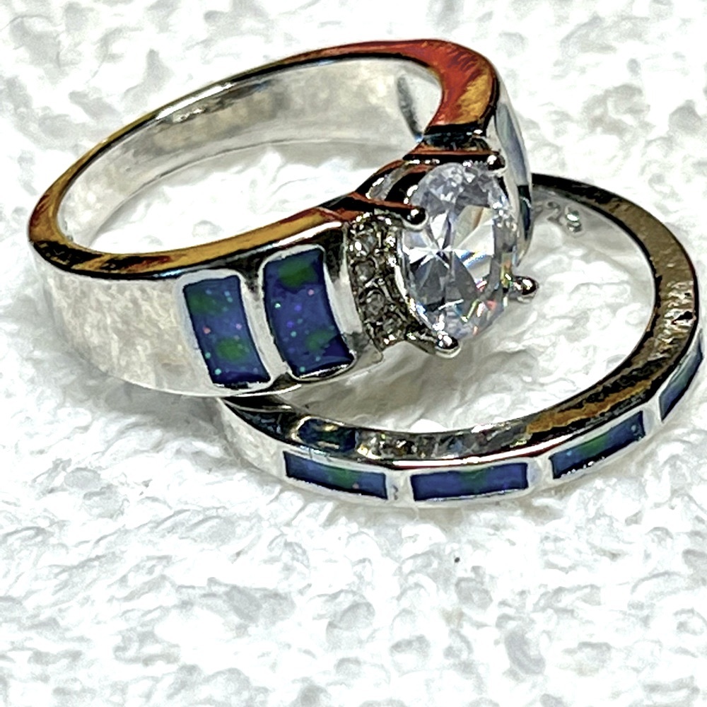 Set of rings, pair- imitation inlaid opal